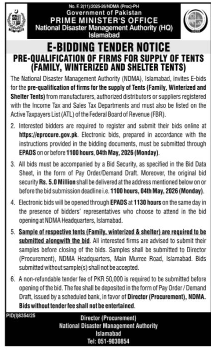 E-Bidding Tender Notice: Pre-qualification for Tents Supply – Tenders ad in Islamabad from The Nation, published 16 Apr 2026