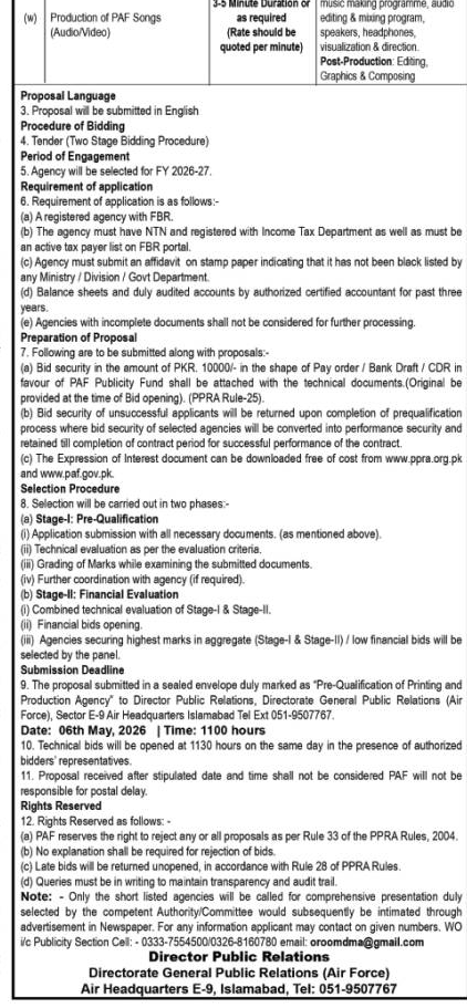 PAF Songs Audio/Video Production Tender - Pakistan Air Force – Tenders ad in Islamabad from The Nation, published 16 Apr 2026