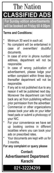 The Nation Classified Ads Terms and Conditions – Notices ad in Karachi from The Nation, published 16 Apr 2026