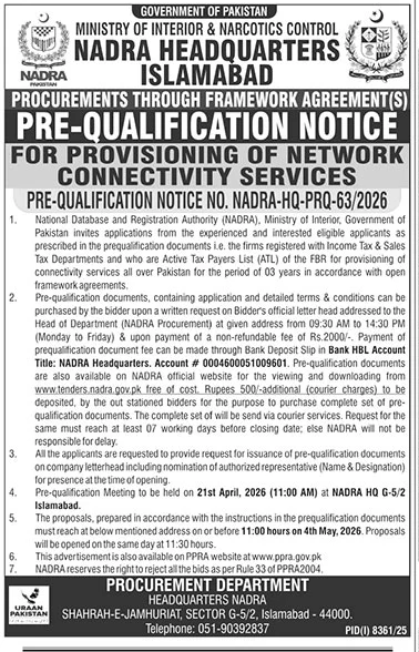 NADRA Pre-Qualification for Network Connectivity Services – Tenders ad in Islamabad from The News International, published 16 Apr 2026