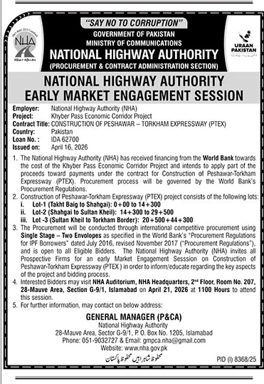 NHA Early Market Engagement Session Peshawar Torkham Expressway – Notices ad in Islamabad from The News International, published 16 Apr 2026