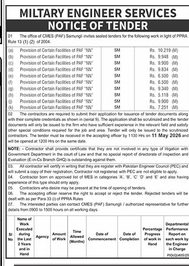 Military Engineer Services Tender - Facilities Provision Samungli – Tenders ad in Samungli from The News International, published 16 Apr 2026
