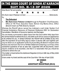 High Court of Sindh Karachi - Suit No. B-13 of 2026 – Notices ad in Karachi from The News International, published 16 Apr 2026