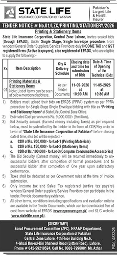 State Life Tender for Printing & Stationery Items Lahore – Tenders ad in Lahore from The News International, published 16 Apr 2026