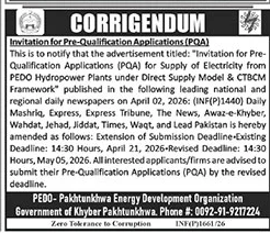 PEDO Pre-Qualification Application Deadline Extension Notice – Notices ad in Lahore from The News International, published 16 Apr 2026