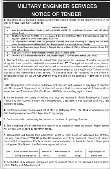 Military Engineer Services Tender Lahore Cantt – Tenders ad in Lahore from The News International, published 16 Apr 2026