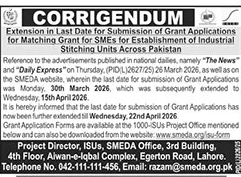 Grant Application Deadline Extension for SMEs - SMEDA – Notices ad in Lahore from The News International, published 16 Apr 2026