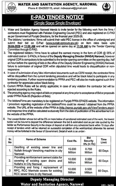 E-PAD Tender Notice - Water and Sanitation Agency Narowal – Tenders ad in Narowal from The News International, published 16 Apr 2026