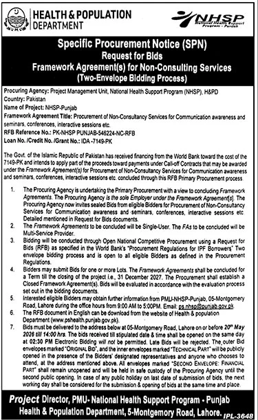 Procurement Notice: Non-Consulting Services - NHSP Punjab – Tenders ad in Lahore from The News International, published 16 Apr 2026