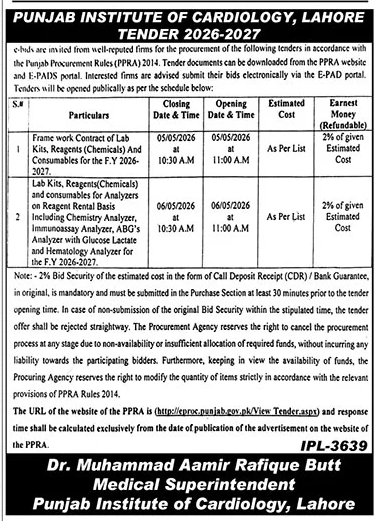 Punjab Institute of Cardiology Tender 2026-2027 – Tenders ad in Lahore from The News International, published 16 Apr 2026