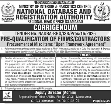 NADRA Pre-Qualification Tender Corrigendum - Islamabad – Tenders ad in Islamabad from The News International, published 16 Apr 2026