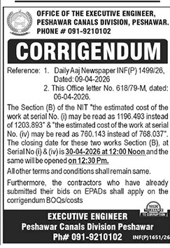 Corrigendum: Peshawar Canals Division Tender Cost & Date Revision – Tenders ad in Peshawar from The News International, published 16 Apr 2026