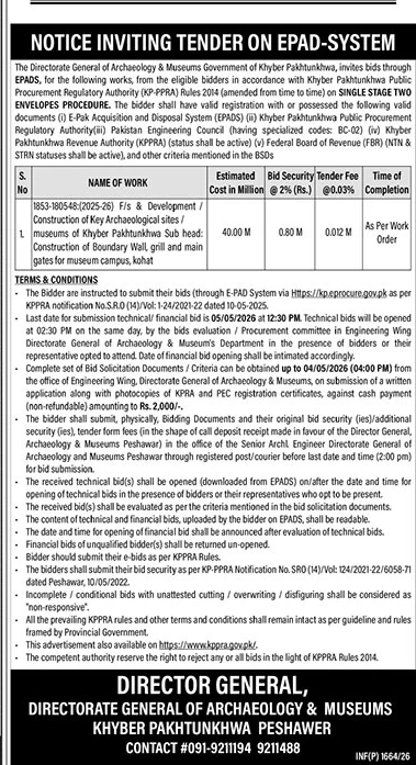 Tender for Archaeological Sites & Museum Construction - KPK – Tenders ad in Peshawar from The News International, published 16 Apr 2026